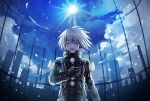  1boy ahoge android armor bangs blush closed_eyes commentary_request danganronpa_(series) danganronpa_v3:_killing_harmony facing_viewer gauntlets hand_up highres keebo male_focus mentai_shijimi night open_mouth pale_skin short_hair sky skyline solo upper_teeth 