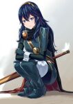  1girl ameno_(a_meno0) blue_eyes blue_hair boots bug butterfly falchion_(fire_emblem) fingerless_gloves fire_emblem fire_emblem_awakening gloves highres insect long_hair long_sleeves looking_at_viewer lucina_(fire_emblem) simple_background smile solo squatting sword symbol-shaped_pupils tiara weapon 