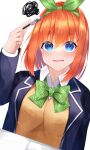  1girl @_@ absurdres arm_up bangs blue_eyes blue_jacket bow breasts collared_shirt commentary_request dutch_angle eyebrows_visible_through_hair go-toubun_no_hanayome green_bow green_ribbon hair_between_eyes hair_ribbon highres holding holding_pencil jacket long_sleeves looking_at_viewer medium_breasts nakano_yotsuba open_clothes open_jacket orange_hair pencil ribbon shirt simple_background sleeves_past_wrists solo squiggle suisen-21 sweater_vest upper_body white_background white_shirt 