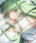  1girl c.c. code_geass creayus eyebrows_visible_through_hair finger_to_mouth green_hair long_hair looking_at_viewer off_shoulder shirt shoulder_blades shoulders solo yellow_eyes 
