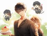  1boy 1girl :o black_eyes black_hair black_shirt blurry blurry_background blush brown_hair cat chibi closed_eyes facing_another food fruit hetero iji_(u_mayday) jewelry li_zeyan looking_at_viewer love_and_producer necklace on_lap outdoors pancake paper plate protagonist_(love_and_producer) shirt sleeping strawberry upper_body whipped_cream zzz 