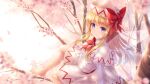  1girl bangs barefoot blonde_hair bow bowtie capelet cherry_blossoms commentary_request fairy_wings hat highres in_tree lily_white long_hair long_sleeves looking_at_viewer lzh purple_eyes sidelocks sitting smile solo touhou tree wings 