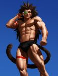 1boy abs arm_strap bangs bara black_male_underwear blue_background brown_hair dragon_ball dragon_ball_z english_commentary feet_out_of_frame fox_bravo from_below frown gradient gradient_background hand_up highres long_hair looking_at_viewer male_focus male_swimwear manly monkey_tail muscular muscular_male navel raditz scouter shirtless sky solo standing swimwear tail thigh_strap 
