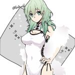  1girl alternate_costume breasts byleth_(fire_emblem) byleth_(fire_emblem)_(female) china_dress chinese_clothes cleavage cleavage_cutout closed_mouth clothing_cutout commentary_request covered_navel cowboy_shot dress earrings eyebrows_visible_through_hair feather_boa fire_emblem fire_emblem:_three_houses green_eyes green_hair grey_background hair_between_eyes hand_on_hip ijiro_suika jewelry large_breasts long_hair looking_at_viewer pelvic_curtain side_slit simple_background sleeveless sleeveless_dress solo twitter_username white_background white_dress 