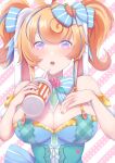  1girl :o absurdres ahoge aqua_hair bonnie_(bunny_gif) bow breasts bunny_ayumi carrot_hair_ornament cleavage cup detached_sleeves disposable_cup drinking_straw food_themed_hair_ornament hair_bow hair_ornament hair_ribbon heart heart-shaped_pupils highres ichi-go indie_virtual_youtuber large_breasts multicolored multicolored_eyes multicolored_hair open_mouth orange_hair polka_dot polka_dot_background purple_eyes ribbon soda solo spill streaked_hair striped striped_background symbol-shaped_pupils twintails two-tone_hair upper_body virtual_youtuber 