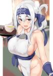  1girl bangs blue_gloves blue_hair blue_headband blue_legwear blurry blurry_background blush breasts commentary_request dress eyebrows_visible_through_hair fingerless_gloves folded_ponytail from_above gloves grey_eyes hair_between_eyes headband highres holding holding_tray kamoi_(kancolle) kantai_collection large_breasts long_hair multicolored_hair open_mouth osterei panties pelvic_curtain ponytail sideboob sidelocks sleeveless sleeveless_dress solo tea thighhighs thong tray underwear white_dress white_hair white_panties 