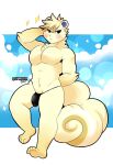  animal_crossing anthro blush bulge chest_tuft clothed clothing fluffy fluffy_tail fur hand_behind_back head_tuft hi_res male mammal marshal_(animal_crossing) navel nintendo pecs rodent schwarzfox sciurid solo speedo swimwear topless tuft video_games 