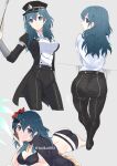  1girl absurdres ass bent_over bikini black_bikini black_capelet black_headwear black_jacket black_pants blue_eyes blue_hair breasts byleth_(fire_emblem) byleth_(fire_emblem)_(female) capelet cleavage closed_mouth collared_shirt commentary_request cowboy_shot cravat eyebrows_visible_through_hair fire_emblem fire_emblem:_three_houses fire_emblem_heroes flower from_behind garreg_mach_monastery_uniform grey_background hair_between_eyes hair_flower hair_ornament hand_on_own_cheek hand_on_own_face hat hibiscus highres ijiro_suika jacket leaning_forward long_hair long_sleeves looking_at_viewer looking_back lying medium_breasts military military_hat military_uniform multiple_views official_alternate_costume on_stomach open_clothes open_jacket pants shirt simple_background smile standing swimsuit twitter_username uniform waist_cape white_shirt 