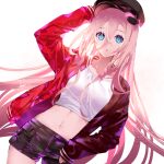  1girl :o absurdres arm_up bangs black_headwear black_jacket black_shorts blue_eyes braid breasts cabbie_hat cevio collarbone commentary crop_top hair_between_eyes hat highres ia_(vocaloid) jacket long_hair long_sleeves midriff open_clothes open_jacket parted_lips pink_hair red_jacket shirt short_shorts shorts simple_background sleeves_past_wrists small_breasts solo very_long_hair vocaloid white_background white_shirt yuuki_kira 