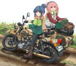  2girls aqua_eyes bangs black_legwear black_pants bobblehat boots commentary_request denim denim_shorts dirt_road emblem fingerless_gloves flower fur-trimmed_jacket fur_trim gloves green_jacket ground_vehicle hair_bun highres imz-ural jacket kagamihara_nadeshiko knee_boots legwear_under_shorts looking_at_viewer m_72_(motorcycle) mikeran_(mikelan) motor_vehicle motorcycle multiple_girls outdoors pants pantyhose pink_hair pom_pom_(clothes) purple_eyes road russia scarf shima_rin shorts sidecar striped striped_scarf tagme ural_(motorcycle) vest white_background white_vest winter_clothes yurucamp 