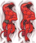  abs anthro balls bedroom_eyes biceps claws clothing dakimakura_design dragon genitals grin hi_res horn lilshark looking_at_viewer lying male muscular muscular_male narrowed_eyes on_back pecs penis scalie seductive smile solo thumb_in_waistband underwear yellow_sclera 