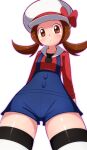  1girl a-ktoo blue_overalls blush brown_eyes brown_hair closed_mouth commentary_request eyelashes from_below hat hat_ribbon highres long_hair looking_at_viewer lyra_(pokemon) overalls pokemon pokemon_(game) pokemon_hgss red_ribbon red_shirt ribbon shiny shiny_hair shiny_skin shirt solo thighhighs twintails white_headwear white_legwear zettai_ryouiki 