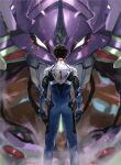  1boy bodysuit brown_hair clenched_hands eva_01 from_behind horns ikari_shinji kdm_(ke_dama) looking_down male_focus mecha neon_genesis_evangelion pilot_suit plugsuit science_fiction single_horn solo_focus white_eyes 