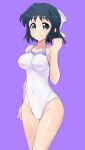  1girl black_hair blue_eyes bow breasts casual_one-piece_swimsuit hair_bow impossible_clothes impossible_swimsuit kohinata_miku looking_at_viewer medium_breasts mutsuki_riichi one-piece_swimsuit purple_background senki_zesshou_symphogear short_hair simple_background solo swimsuit white_swimsuit 