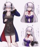  1girl ahoge alternate_hairstyle bangs black_dress black_gloves blue_coat breasts coat dress elbow_gloves fate/grand_order fate_(series) full-length_zipper fur-trimmed_coat fur-trimmed_sleeves fur_trim gloves highres jeanne_d&#039;arc_(alter)_(fate) jeanne_d&#039;arc_(fate)_(all) jewelry large_breasts long_hair necklace purple_dress roro_982 short_dress short_hair silver_hair sleeveless sleeveless_dress strapless strapless_dress translation_request two_side_up very_long_hair wicked_dragon_witch_ver._shinjuku_1999 yellow_eyes zipper 