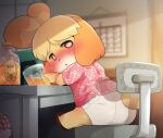 1girl alcohol animal_crossing blurry blurry_background blush bottle calendar_(object) cup dagashi_(daga2626) desk dog_girl drinking_glass drooling drunk hawaiian_shirt isabelle_(animal_crossing) leaf_print looking_at_viewer shirt sitting skirt solo whiskey 