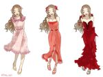  3wa_tari aerith_gainsborough arms_behind_back bow breasts brown_hair cleavage closed_eyes dress final_fantasy final_fantasy_vii final_fantasy_vii_remake frilled_dress frills full_body hair_bow hair_ribbon multiple_persona official_alternate_costume open_mouth pink_dress red_dress ribbon sandals simple_background smile strapless strapless_dress 