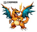  absurdres artist_name arvalis blue_eyes character_name charizard digimon dragon english_commentary fire gen_1_pokemon highres no_humans open_hands open_mouth parody pokemon sharp_teeth style_parody teeth veins watermark web_address white_background wings 