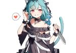  1girl animal_ear_fluff animal_ears bare_shoulders black_dress cat_ears cat_tail collarbone detached_collar dress flat_chest ghost_earrings green_hair heart holding holding_knife hololive kemonomimi_mode knife off-shoulder_dress off_shoulder red_eyes saple short_twintails smile solo speech_bubble spoken_heart tail twintails uruha_rushia virtual_youtuber yandere 