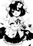  1girl bandaid bandaid_on_head bandaid_on_wing black_hair black_neckwear black_skirt black_wings broken camera cowboy_shot feathered_wings feathers greyscale hat highres holding holding_camera maguro_(mawaru_sushi) monochrome neck_ribbon open_mouth pom_pom_(clothes) ribbon scratches shameimaru_aya shirt short_hair short_sleeves simple_background skirt smile solo tearing_up tokin_hat torn_clothes torn_shirt torn_skirt touhou white_background white_shirt wings 