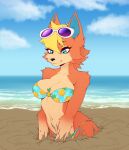  animal_crossing anthro arm_fluff audie_(animal_crossing) beach bikini blonde_hair blue_eyes breasts canid canine canis cheek_tuft clothing cloud eyebrow_through_hair eyebrows eyelashes eyewear eyewear_on_head facial_tuft female fluffy food fruit fur glasses gloves_(marking) hair hi_res honnari_hannya inner_ear_fluff mammal markings mud navel nintendo orange_body orange_fur pineapple plant quicksand sea seaside shoulder_tuft sinking smile solo sunglasses sunglasses_on_head swimwear tan_body tan_fur translucent translucent_hair tuft video_games water wolf 