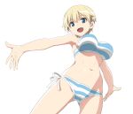  1girl ass_visible_through_thighs bikini blonde_hair blue_eyes brave_witches breasts dutch_angle from_below groin groin_tendon large_breasts looking_at_viewer nanashino navel nikka_edvardine_katajainen open_mouth outstretched_arms short_hair side-tie_bikini smile solo striped striped_bikini swimsuit white_background world_witches_series 