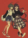  2girls :d ahoge alternate_costume bangs belt black_belt black_footwear black_jacket black_legwear black_sweater blue_eyes breasts brown_belt brown_hair casual cola collarbone criis-chan crop_top cup danganronpa_(series) danganronpa_another_episode:_ultra_despair_girls denim denim_shorts disposable_cup drinking_straw fukawa_touko full_body hair_between_eyes holding jacket long_hair multiple_girls naegi_komaru open_mouth plaid plaid_skirt red_background red_footwear round_eyewear shoes short_hair shorts simple_background skirt small_breasts smile sneakers socks sweater symbol_commentary upper_teeth white_jacket white_legwear 