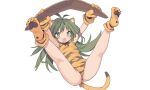  animal_ears blade_(galaxist) catgirl chamcham fang gloves green_eyes green_hair leotard long_hair necklace samurai_spirits socks spread_legs tail weapon white 