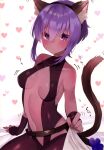  1girl absurdres animal_ear_fluff animal_ears bed_sheet belt black_leotard blush breasts cat_ears cat_tail center_opening dark_skin dark_skinned_female fake_animal_ears fate/grand_order fate/prototype fate/prototype:_fragments_of_blue_and_silver fate_(series) fingerless_gloves gloves hair_between_eyes hairband hassan_of_serenity_(fate) heart heart-shaped_pupils highres leggings leotard looking_at_viewer medium_breasts on_bed purple_eyes purple_hair scan solo suzuho_hotaru symbol-shaped_pupils tail 