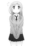  1girl aikawa_chiho bangs blush breasts buttons cardigan collared_shirt commentary_request cowboy_shot eyebrows_visible_through_hair flying_sweatdrops grey_background greyscale katatsuka_kouji long_hair long_sleeves looking_at_viewer monochrome open_mouth own_hands_together pleated_skirt school_uniform shirt simple_background skirt sleeves_past_wrists solo standing v_arms yuyushiki 