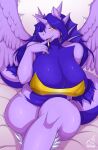  absurd_res amethystdust_(character) anthro big_breasts blue_body blush breasts cleavage clothed clothing crossed_legs dragon feathered_wings feathers female harnny hi_res huge_breasts non-mammal_breasts purple_body solo wings 