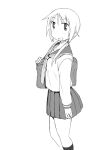  1girl :d bag bangs blush commentary_request eyebrows_visible_through_hair grey_background greyscale happy ichii_yui katatsuka_kouji kneehighs long_hair long_sleeves looking_at_viewer low_twintails monochrome open_mouth pleated_skirt sailor_collar school_bag school_uniform school_uniform_(yuyushiki) serafuku shirt shoulder_bag simple_background skirt smile solo standing twintails yuyushiki 
