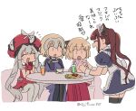  4girls :d ^_^ animal_ears apron asaya_minoru bangs black_dress black_legwear blue_dress brown_hair cat_ears character_request closed_eyes couch cropped_legs dress eyebrows_visible_through_hair fate/grand_order fate_(series) food frilled_hat frills gloves grey_hair grey_legwear hair_between_eyes hakama hands_together hat headpiece heart heart_hands japanese_clothes jeanne_d&#039;arc_(fate) jeanne_d&#039;arc_(fate)_(all) kimono koha-ace light_brown_hair long_hair maid maid_headdress marie_antoinette_(fate) multiple_girls okita_souji_(fate) okita_souji_(fate)_(all) omurice on_couch open_mouth own_hands_together palms_together pink_kimono profile puffy_short_sleeves puffy_sleeves red_dress red_gloves red_hakama red_headwear short_sleeves simple_background sitting smile table thighhighs translation_request twintails twitter_username very_long_hair white_apron white_background wrist_cuffs |_| 