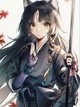  animal_ears arknights bangs black_hair black_kimono bracelet brown_eyes eyebrows_visible_through_hair facial_mark fingerless_gloves forehead_mark gloves hand_up highres holding holding_weapon infection_monitor_(arknights) japanese_clothes jewelry kimono long_hair looking_at_viewer purple_gloves saga_(arknights) upper_body weapon xunyunzi 