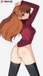  1girl ass blue_eyes bottomless breasts cosplay eyepatch fate/stay_night fate_(series) highres hioyami long_hair long_sleeves neon_genesis_evangelion orange_hair rebuild_of_evangelion red_sweater shikinami_asuka_langley small_breasts solo souryuu_asuka_langley sweater thighhighs tohsaka_rin tohsaka_rin_(cosplay) two_side_up 