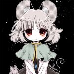  1girl animal_ears biyon black_background black_skirt black_vest blush_stickers capelet commentary_request flying_sweatdrops grey_hair long_sleeves looking_at_viewer lowres mouse mouse_ears nazrin red_eyes shirt skirt solo tail touhou twitter_username upper_body vest white_shirt 