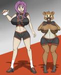  anthro bidoof big_breasts breasts brown_body brown_eyes brown_fur brown_nipples buckteeth clothing duo female flashing footwear fur hair hi_res human mammal midriff nintendo nipples pok&eacute;mon pok&eacute;mon_(species) purple_hair sailoranna shoes teeth video_games 