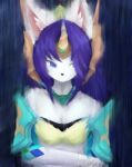  anthro black_nose blue_eyes breasts canid canine canis female fur hair hi_res horn icykatsura legend_of_mana mammal mana_(series) purple_hair sierra_(mana) solo square_enix video_games white_body 
