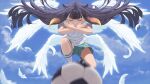  1girl alternate_costume ball bangs blue_sky blunt_bangs closed_eyes commentary_request crossed_arms hololive hololive_english inazuma_eleven inazuma_eleven_(series) laing long_hair mole multiple_wings ninomae_ina&#039;nis purple_hair seraph shorts sky soccer_ball soccer_uniform solo sportswear telstar tentacle_hair virtual_youtuber white_wings wings 