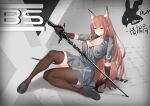  1girl absurdres animal_ear_fluff animal_ears arknights arm_support bangs black_footwear blacksteel_worldwide_logo breasts brown_gloves brown_hair brown_legwear cleavage dress eyebrows_visible_through_hair fox_ears fox_tail franka_(arknights) gloves grey_background grey_dress high_heels highres holding holding_sword holding_weapon large_breasts long_hair looking_at_viewer onceskylark shadow short_dress short_sleeves sitting solo sword tail thighhighs thighs weapon yellow_eyes zettai_ryouiki 