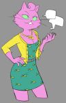  2021 anthro bojack_horseman bojack_horseman_(character) breasts cleavage clothed clothing domestic_cat dress felid feline felis female flowerimh green_sclera grey_background hair hi_res jacket jewelry mammal necklace netflix phone pink_hair princess_carolyn simple_background solo topwear 