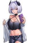  1girl absurdres bare_shoulders black_tank_top breasts cellphone character_request cleavage closed_mouth collarbone denim denim_shorts eyebrows_visible_through_hair feet_out_of_frame hair_ornament highres holding holding_clothes holding_phone holding_shirt looking_at_viewer lordol medium_breasts navel original phone purple_eyes purple_hair shirt shirt_hold short_hair shorts smartphone solo standing tank_top tongue tongue_out white_background white_shirt 
