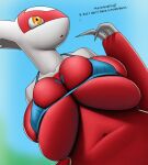  anthro big_breasts bikini blue_clothing blue_swimwear breasts cleavage clothed clothing creatiffy digital_media_(artwork) female hi_res huge_breasts humanoid latias legendary_pok&eacute;mon nintendo open_mouth pok&eacute;mon pok&eacute;mon_(species) simple_background skimpy skimpy_bikini solo swimwear under_boob video_games 