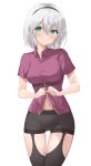  1girl amnesia_(majo_no_tabitabi) ass_visible_through_thighs black_legwear commentary_request green_eyes hairband highres kanaria_hisagi looking_at_viewer majo_no_tabitabi navel panties purple_shirt shirt short_hair silver_hair thighhighs underwear white_background 