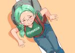  1girl antenna_hair backpack bag belt blue_pants blush braid breasts closed_eyes clothes_writing collarbone denim ever_given_(evergreen) evergreen feet_out_of_frame flying_teardrops garun_wattanawessako glasses green_hair green_shirt jeans large_breasts medium_hair open_mouth orange_background pants personification red_belt round_eyewear shirt short_sleeves solo stuck tearing_up 