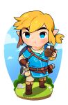 1boy :t bangs blonde_hair blue_eyes blue_tunic blush boots closed_eyes closed_mouth eating eyelashes fa8072 food grass hand_on_hip hand_up holding link male_focus onigiri pants pointy_ears pouch shield solo standing the_legend_of_zelda the_legend_of_zelda:_breath_of_the_wild 