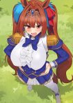  1girl absurdres animal_ears blue_bow blue_neckwear blush bow bowtie breasts brown_hair center_frills commentary_request daiwa_scarlet epaulettes fang frills grass hair_ornament hair_ribbon hands_on_hips highres horse_ears large_breasts lliikkiiiii long_hair long_sleeves looking_at_viewer open_mouth red_eyes red_ribbon ribbon shirt skin_fang skirt standing tiara twintails umamusume v-shaped_eyebrows white_legwear white_shirt white_skirt 