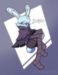  absurd_res anthro bandage blue_body blue_fur bodily_fluids clothing dimpster fur hair hi_res lagomorph leporid male mammal pose purple_background purple_clothing rabbit red_nose shy simple_background smile solo sweat 