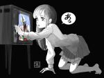  1girl bangs barefoot black_background chutohampa glowing greyscale long_hair long_sleeves monochrome open_mouth original pleated_skirt simple_background skirt solo speech_bubble spot_color television ultra_series ultraman ultraman_(1st_series) 