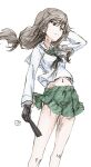  1girl artist_name bad_id bad_twitter_id black_gloves black_neckwear blouse brown_eyes brown_hair closed_mouth colored_pencil_(medium) commentary erakin fan folding_fan girls_und_panzer girls_und_panzer_senshadou_daisakusen! gloves green_skirt hand_in_hair highres holding holding_fan long_hair long_sleeves looking_to_the_side low-tied_long_hair midriff_peek miniskirt navel neckerchief ooarai_school_uniform pleated_skirt sailor_collar school_uniform serafuku shimada_chiyo signature simple_background skirt smile solo standing traditional_media white_background white_blouse white_sailor_collar wind 